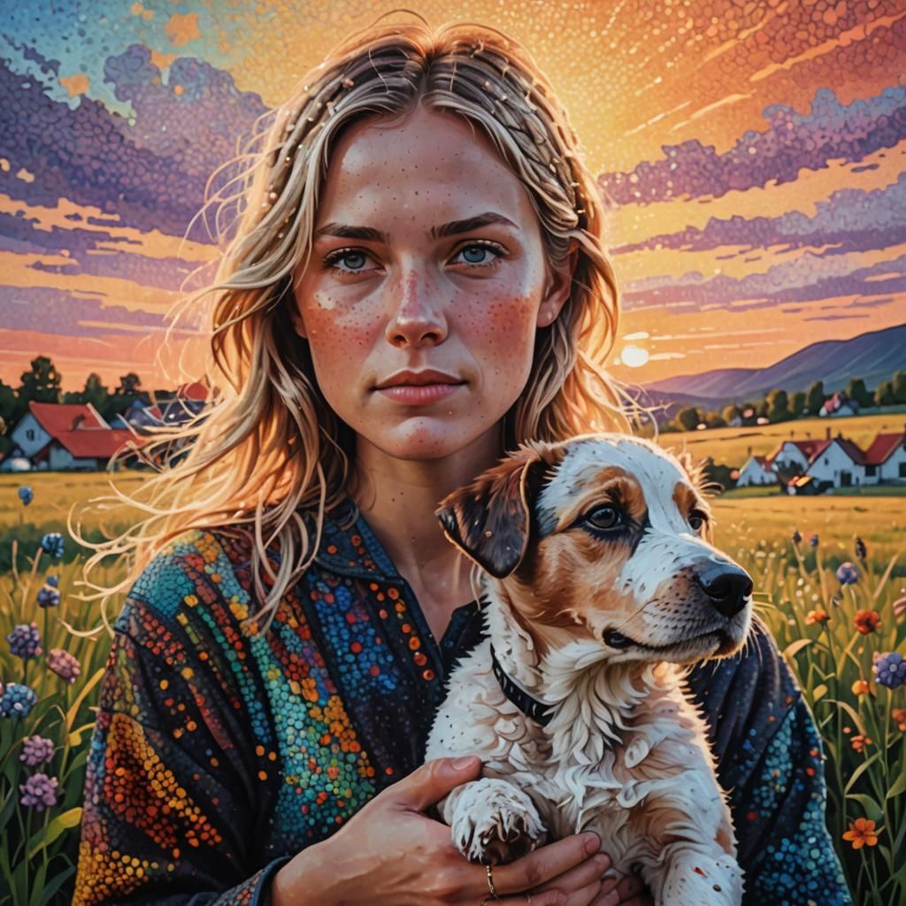 Scandinavian Woman with Puppy in Pointillism