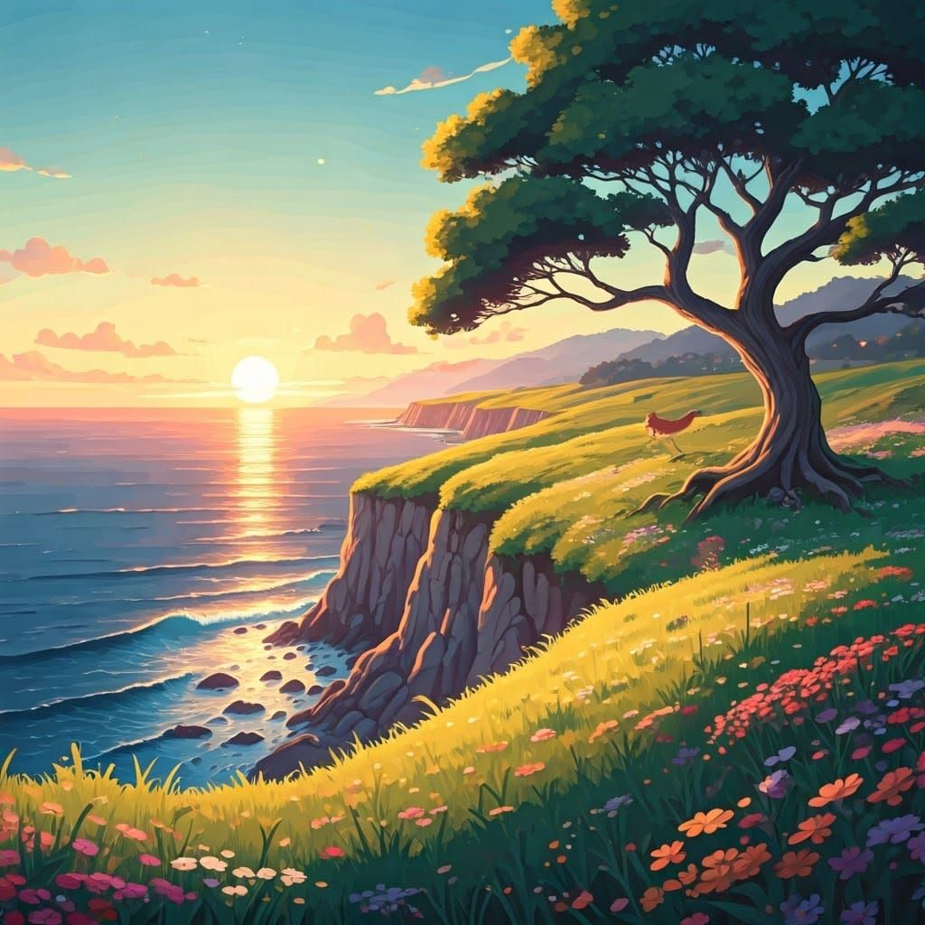 Serene Sunset Cliffside Oasis with Ancient Oak and Red Fox