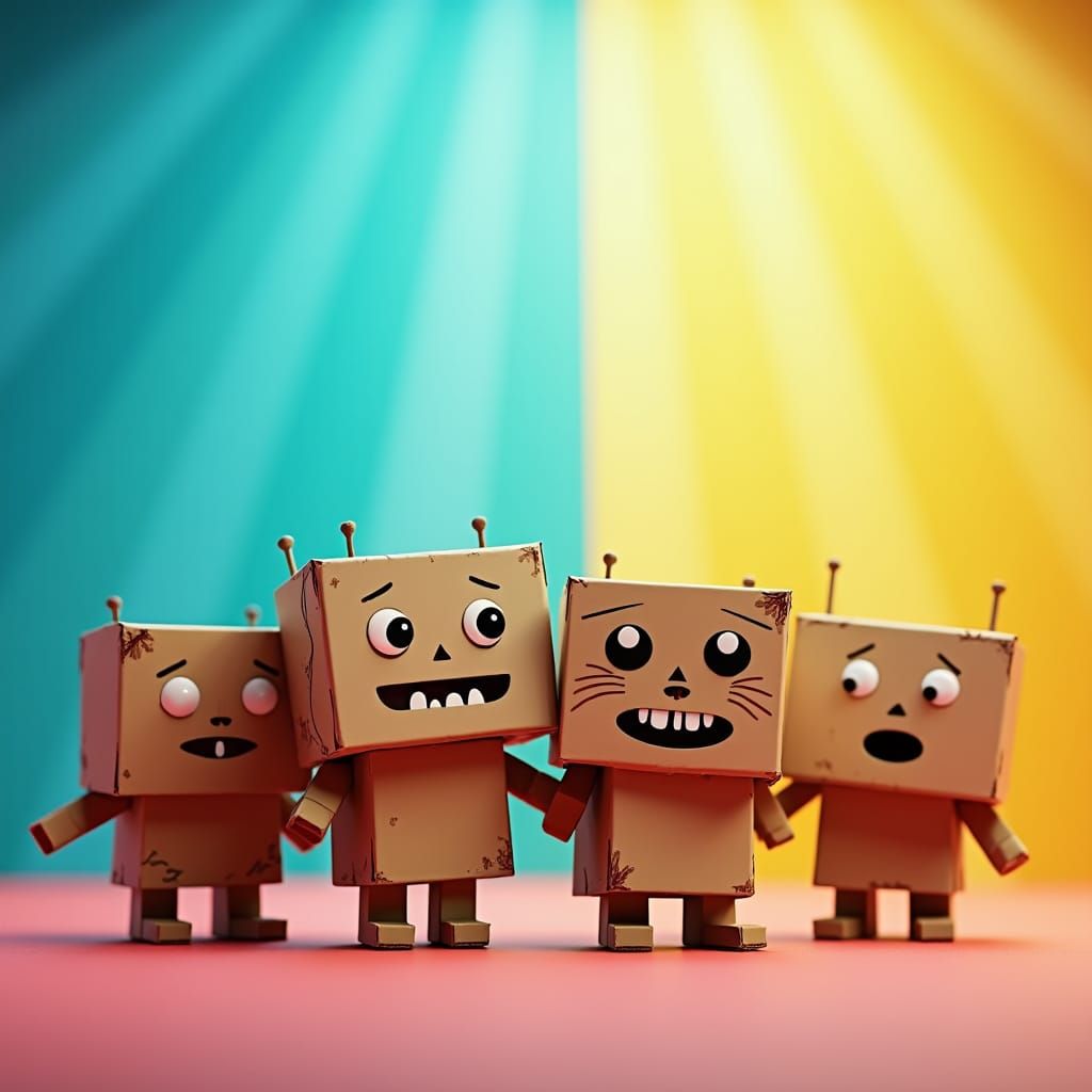 Cardboard Box Monsters on Stage: 3D Digital Art
