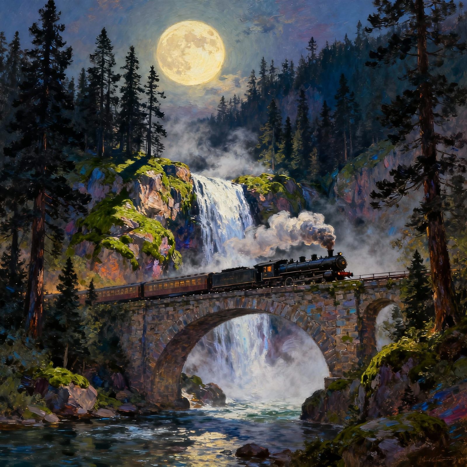 Full Moon Landscape with Waterfall and Train