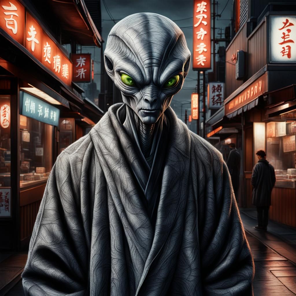 Grey Alien at Sushi Restaurant: Charcoal Drawing