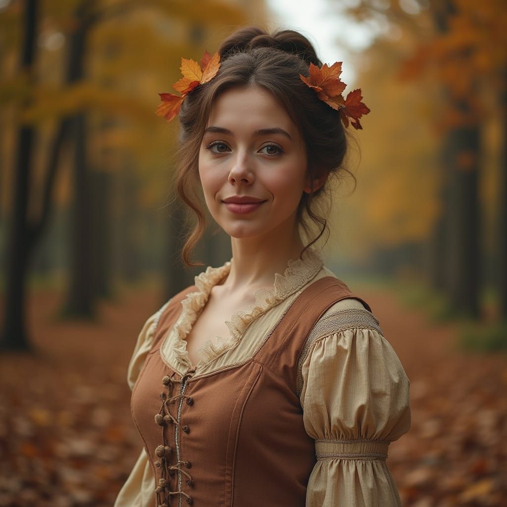 Elegant Lady in Baroque Era Gown Amidst Autumnal Landscape