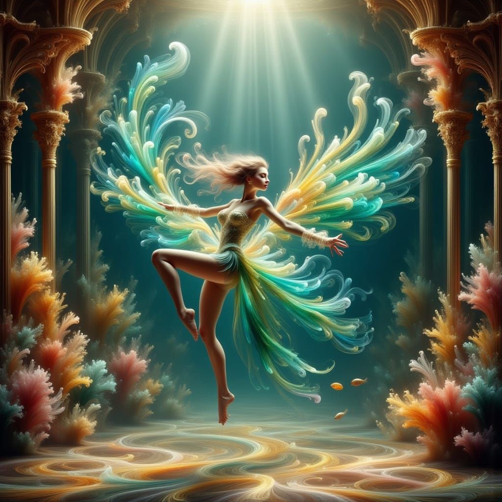 Ethereal Showgirl's Underwater Art Nouveau Performance