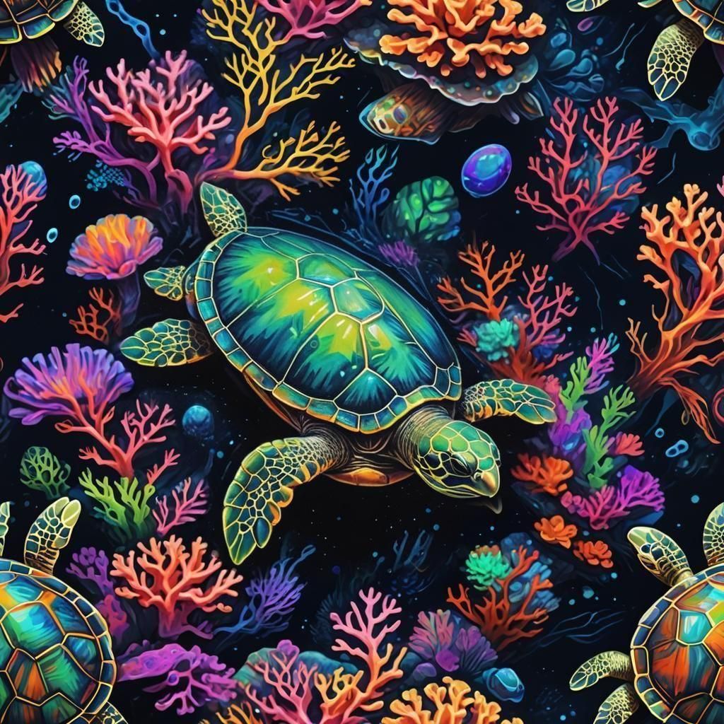 Neon Turtle in Glowing Coral Reef: Graffiti Art
