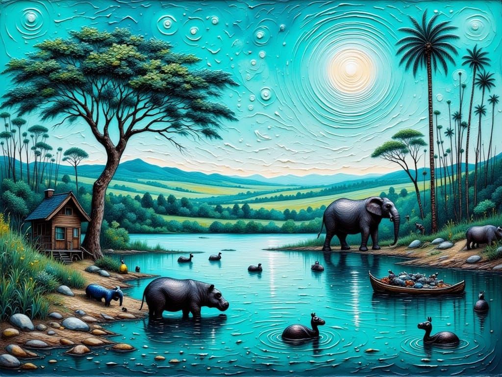Turquoise African Village by River in Impasto Style