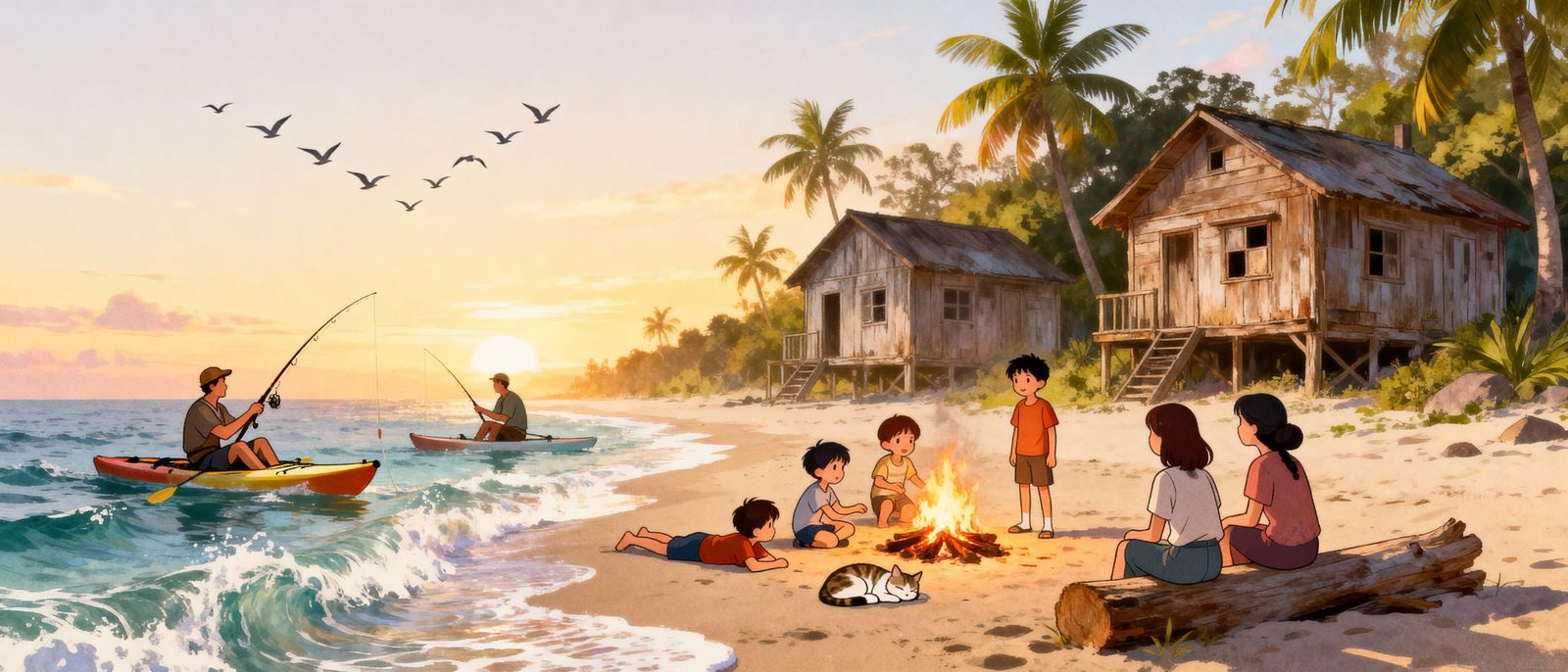 Anime Beach Scene at Sunrise with Fishing and Relaxing Figur...