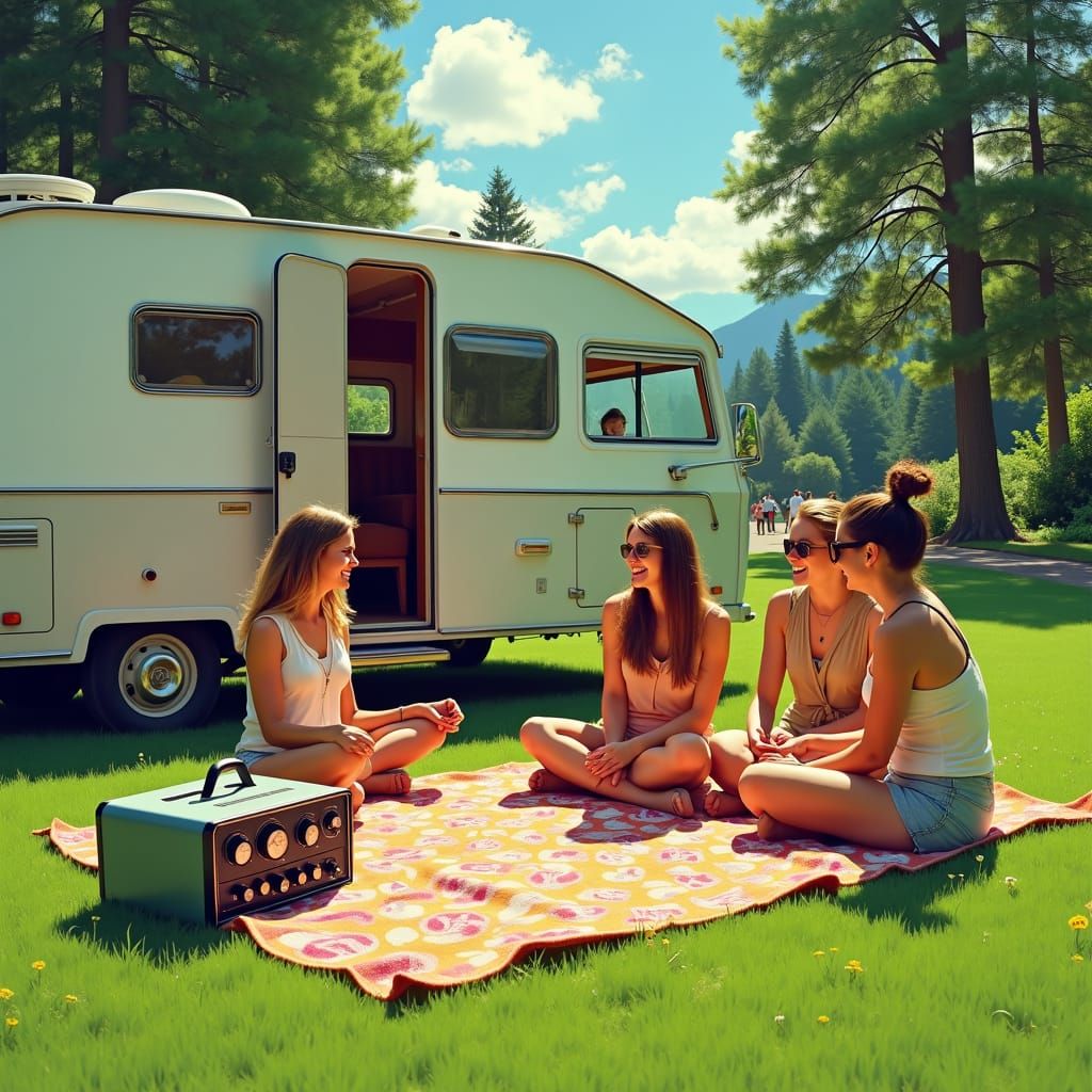 Friends Camping with Vintage Generator, Impressionistic Styl...