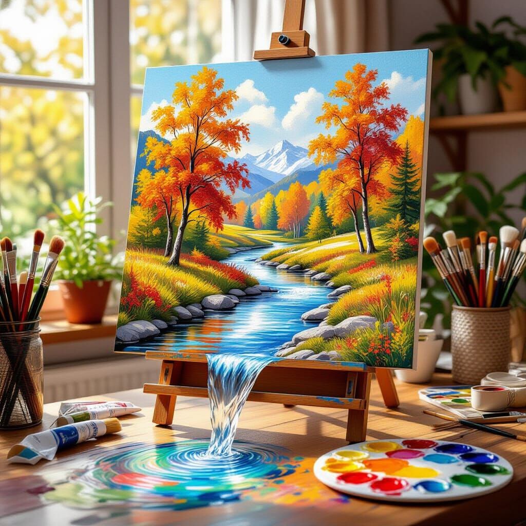 Art Studio Scene with Autumn Landscape Painting