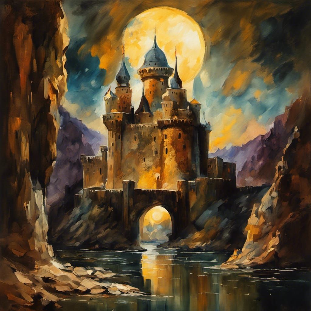 Moonlit Fortress in Gouache and Watercolor Style