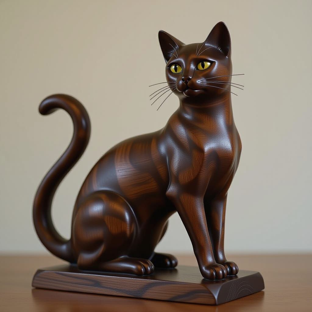 stretching cat sculpture in dark wood