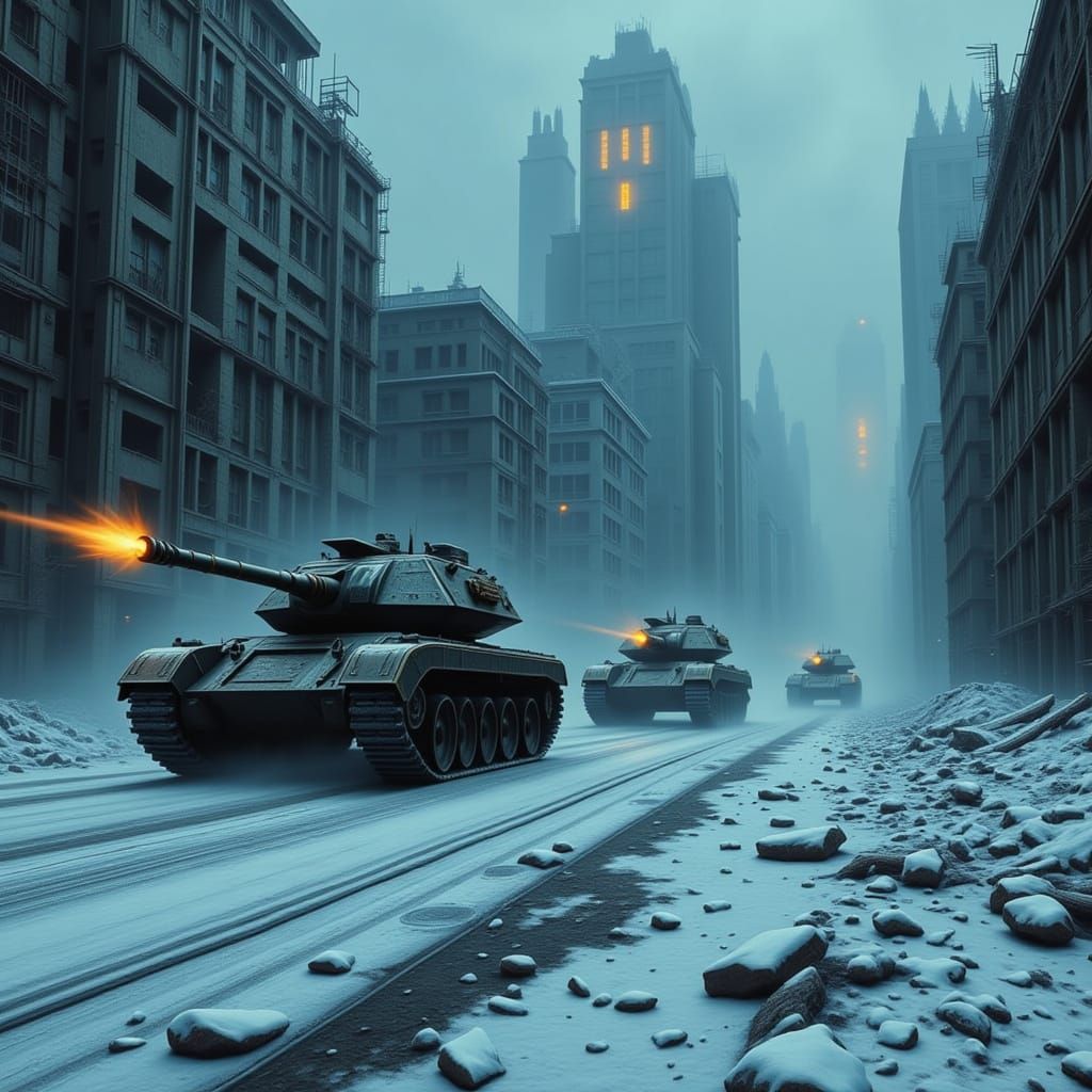 Tanks Patrol Bleak Dystopian City in Winter