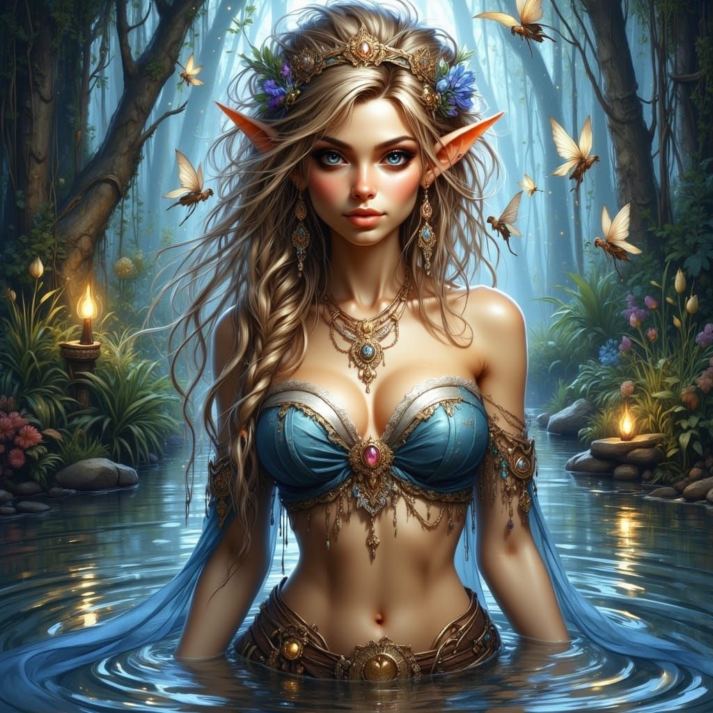 Elf Woman in Serene Forest Pond Under Starry Sky