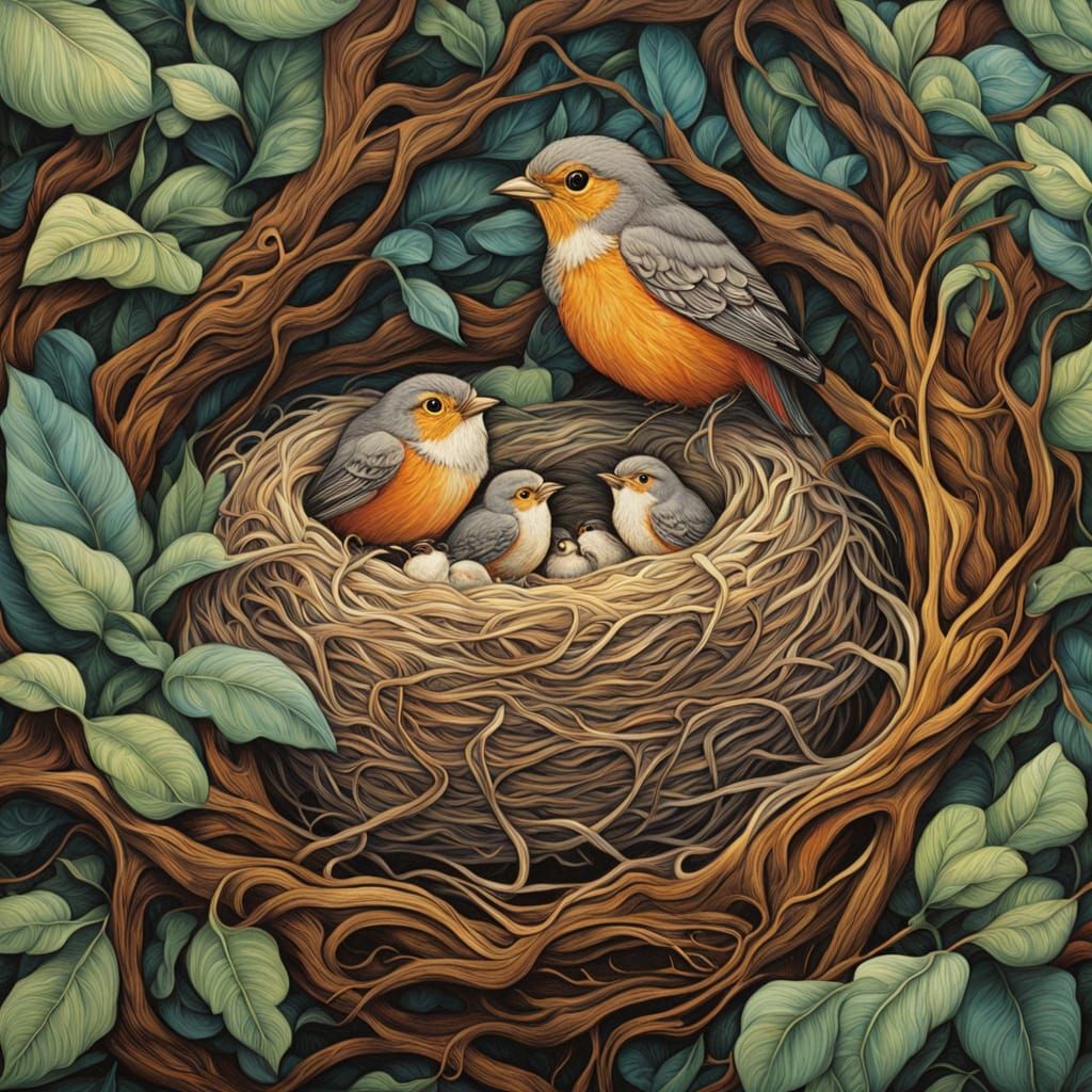 Mother Robin and Brood: Whimsical Illustration