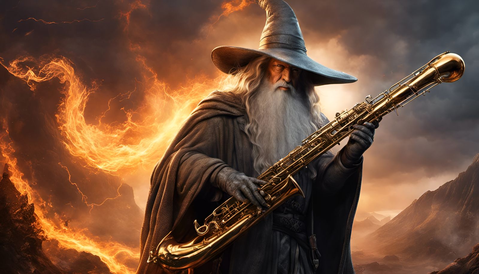 Gandalf's Saxophone Song Battle: Fantasy Digital Art