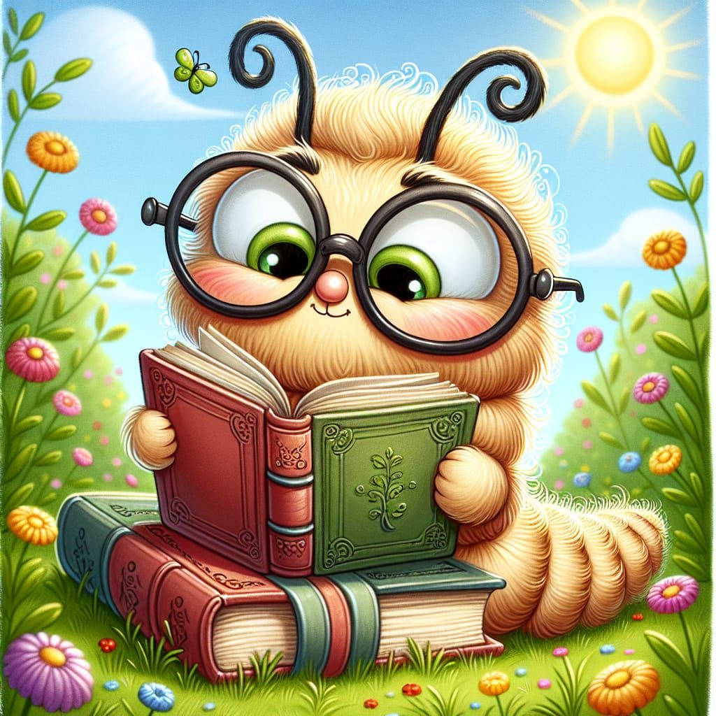Bookworm Cartoon Reading in Sunny Meadow