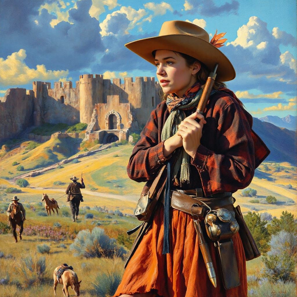 Annie Prays for Safety in Old West Oil Painting