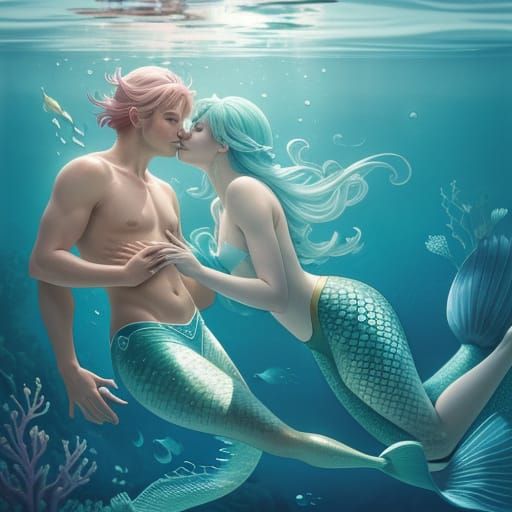 Ethereal Gay Mermaid Scene in Whimsical Watercolour