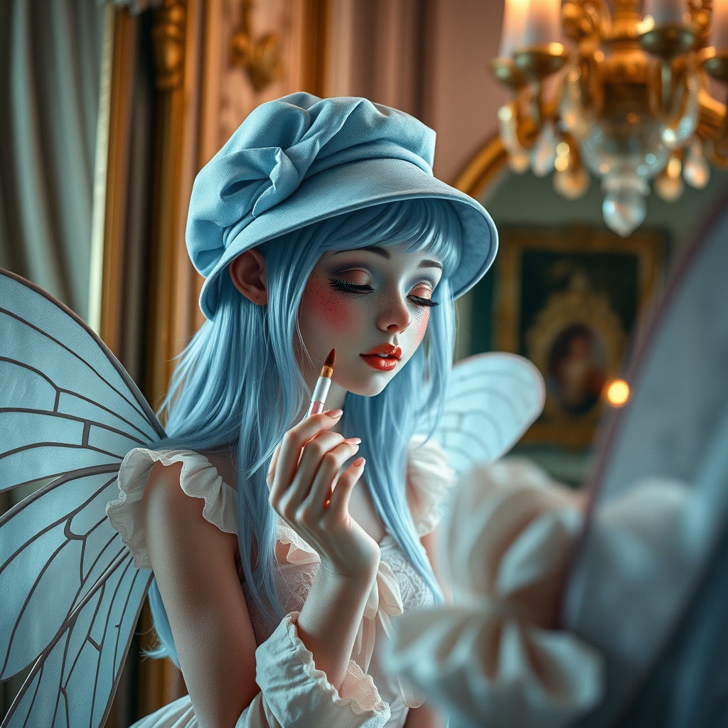Freckled Fairy with Blue Hat Painting Lips