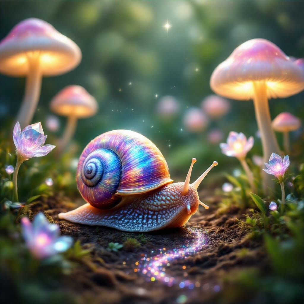 Iridescent Snail Exploring a Glowing Garden