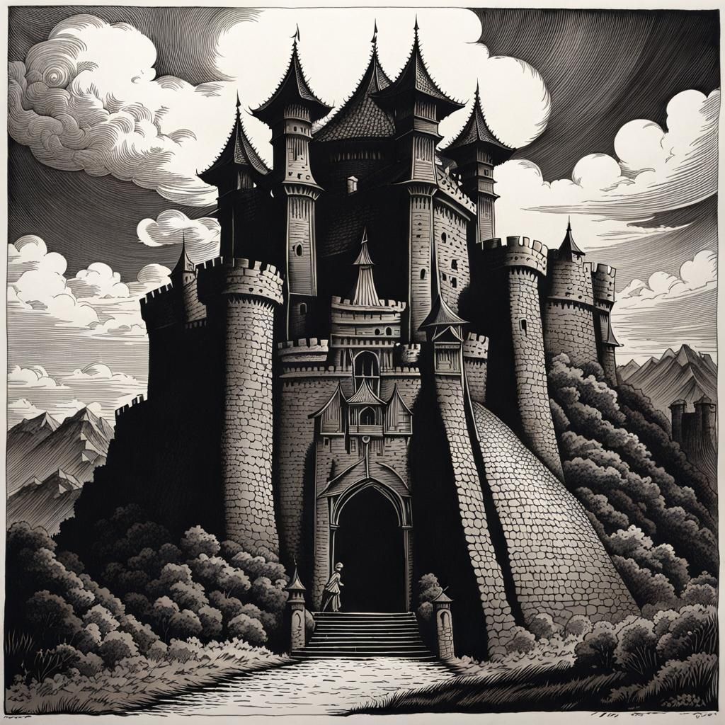 Ominous Demon Ink Drawing Before Castle