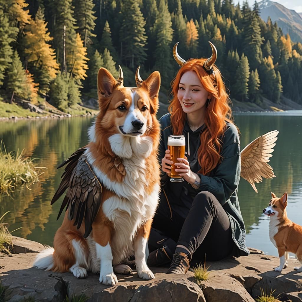 Girl, Corgi, Beer by Lake: Fantasy Art