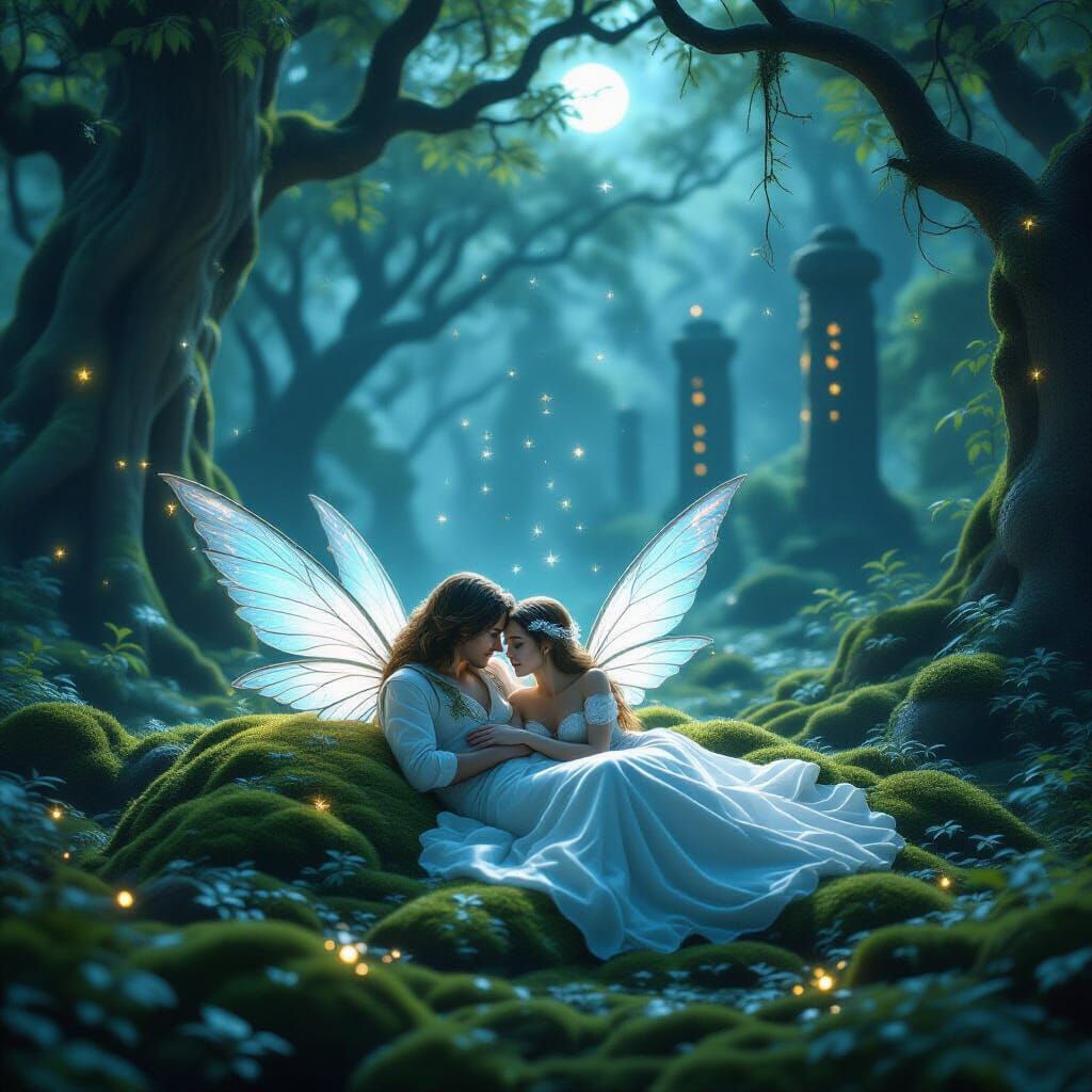 Magical Couple Under Ancient Trees with Ethereal Glow