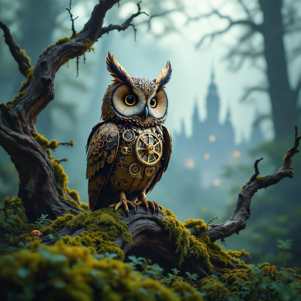 Clockwork Owl on Ancient Branch in Bioluminescent Forest