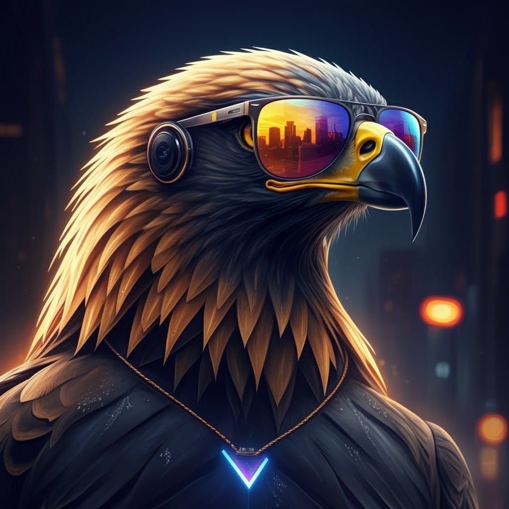 Cyberpunk Eagle with Sunglasses in City Lights