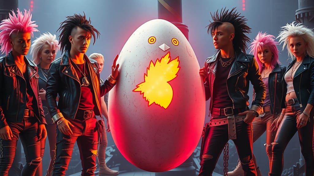 Punk Rockers and Glowing Egg in Dark Surrealism