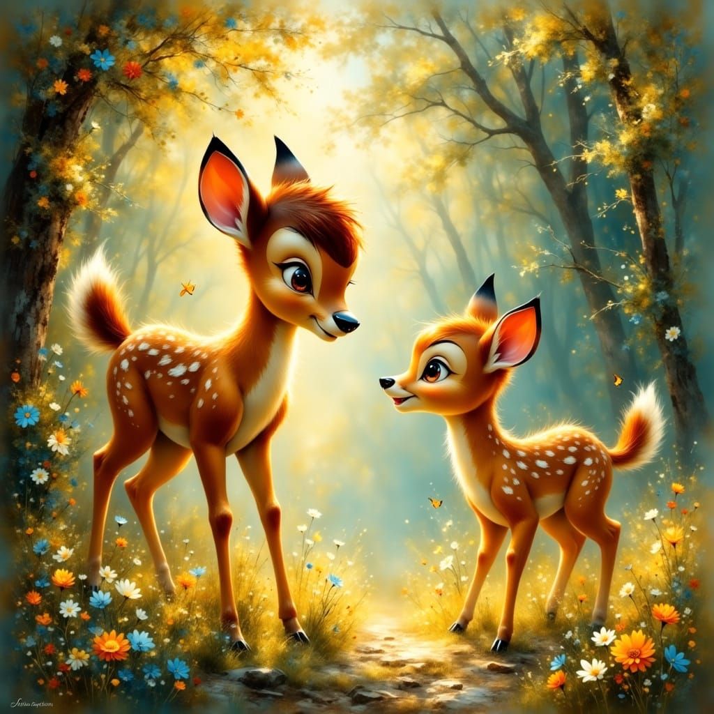 Disney-Inspired Bambi and Thumper in Whimsical Forest Settin...