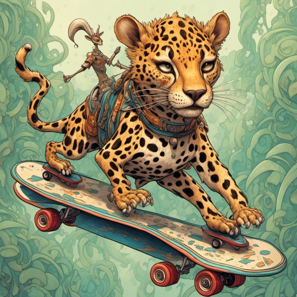 Cartoon Jaguar on Skateboard Chasing Gazelle