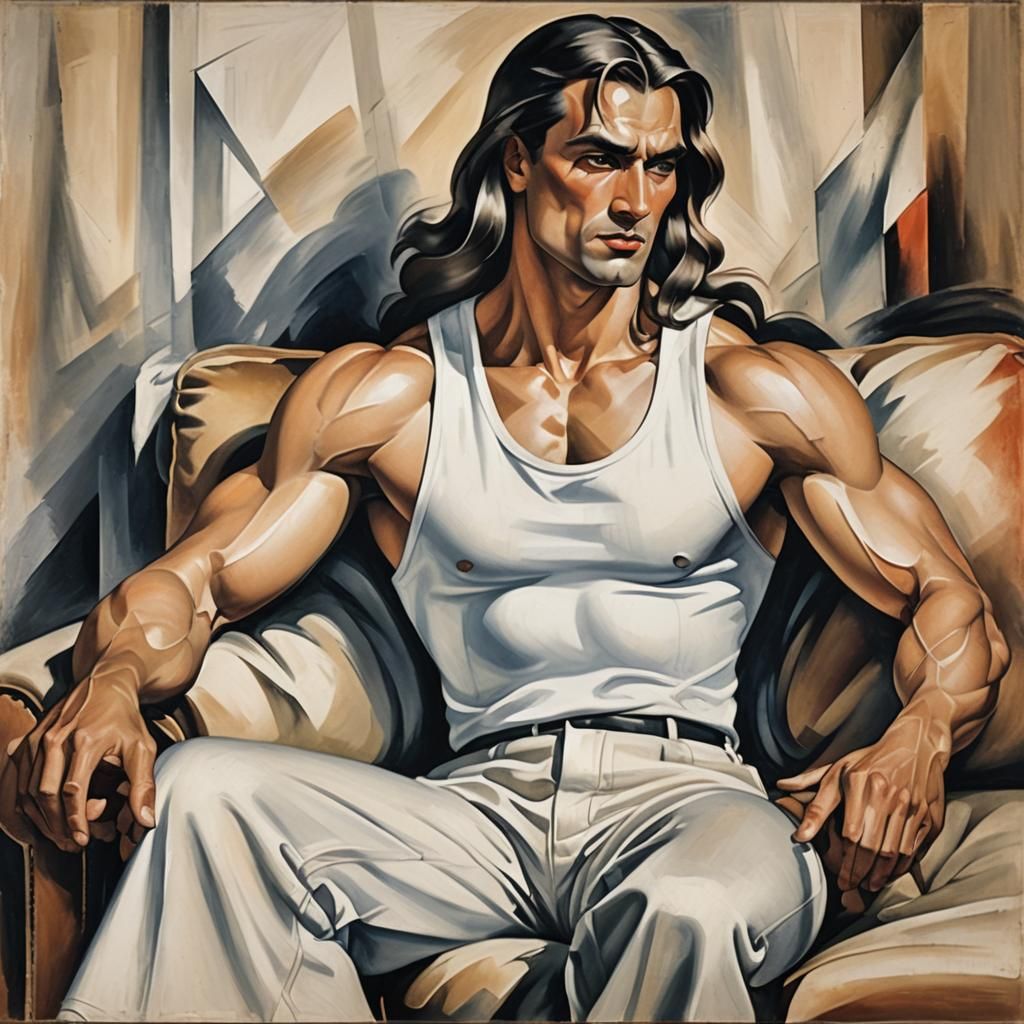 Art Deco Portrait of Muscular Man on Sofa