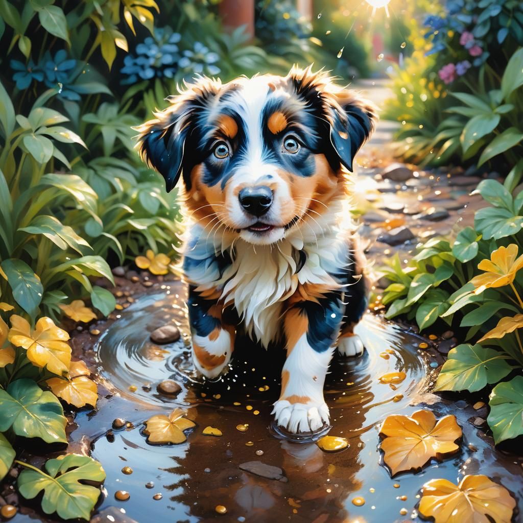 Australian Shepherd Puppy in Garden, Impasto Oil Painting
