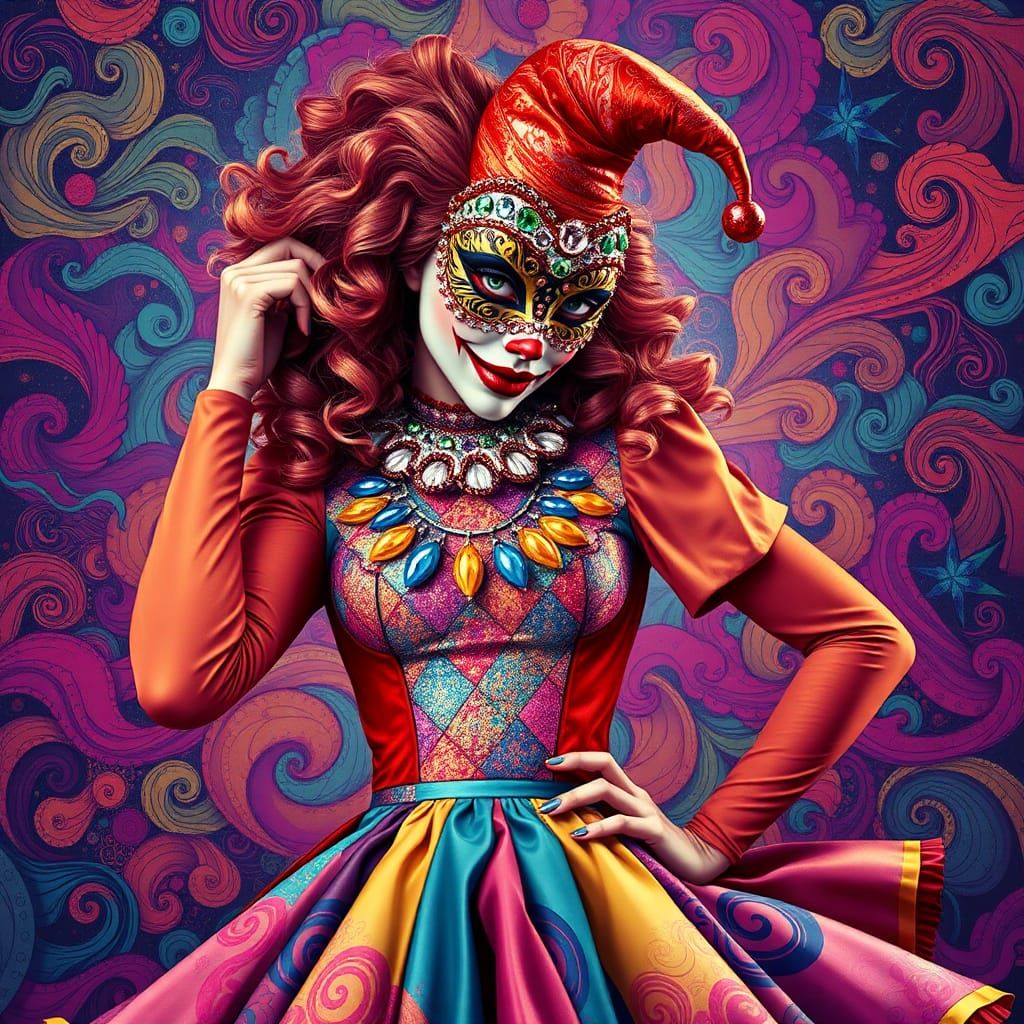 Dreamlike Harlequin Lady in Kaleidoscope of Colors
