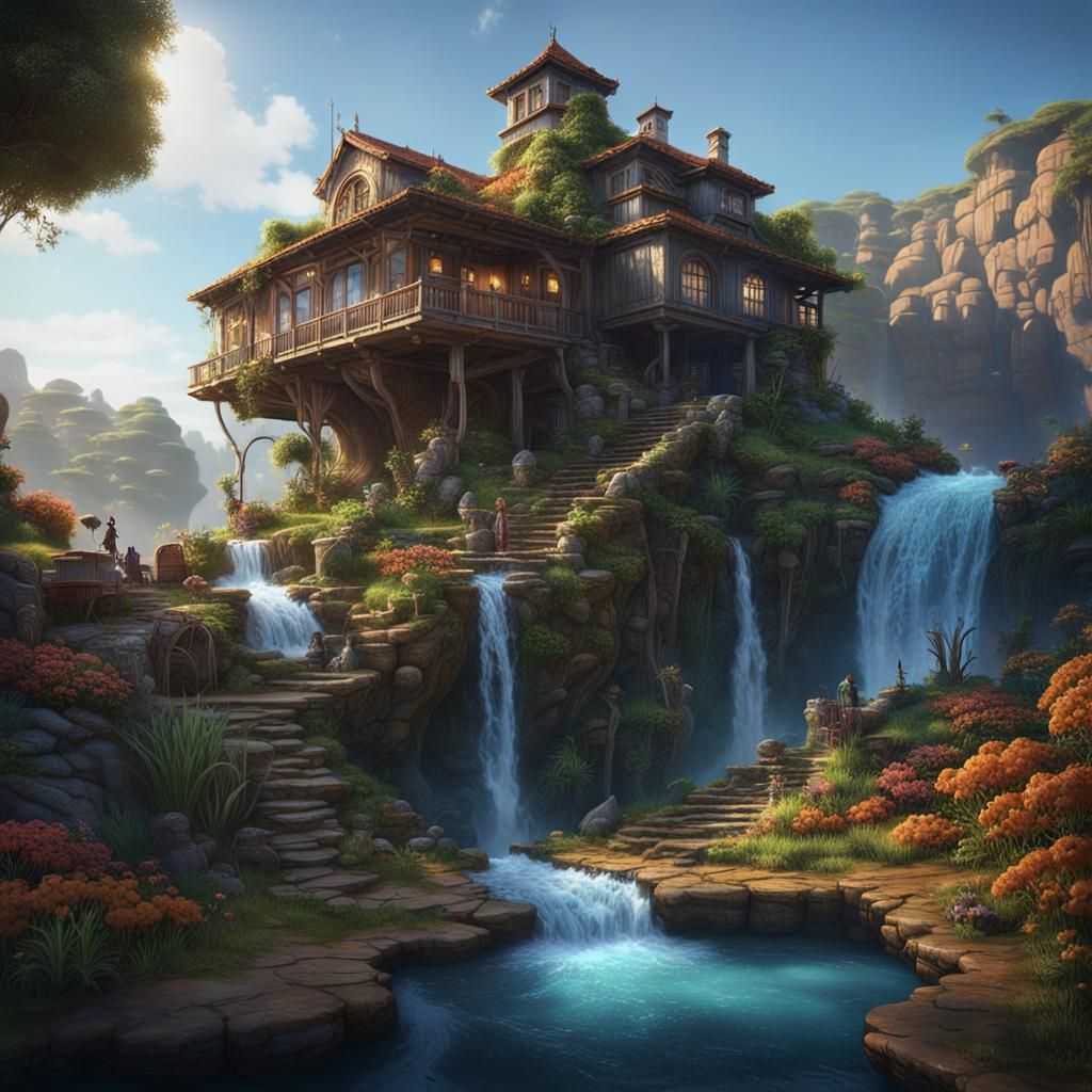 Cliffside House by Waterfall: Fantasy Concept Art