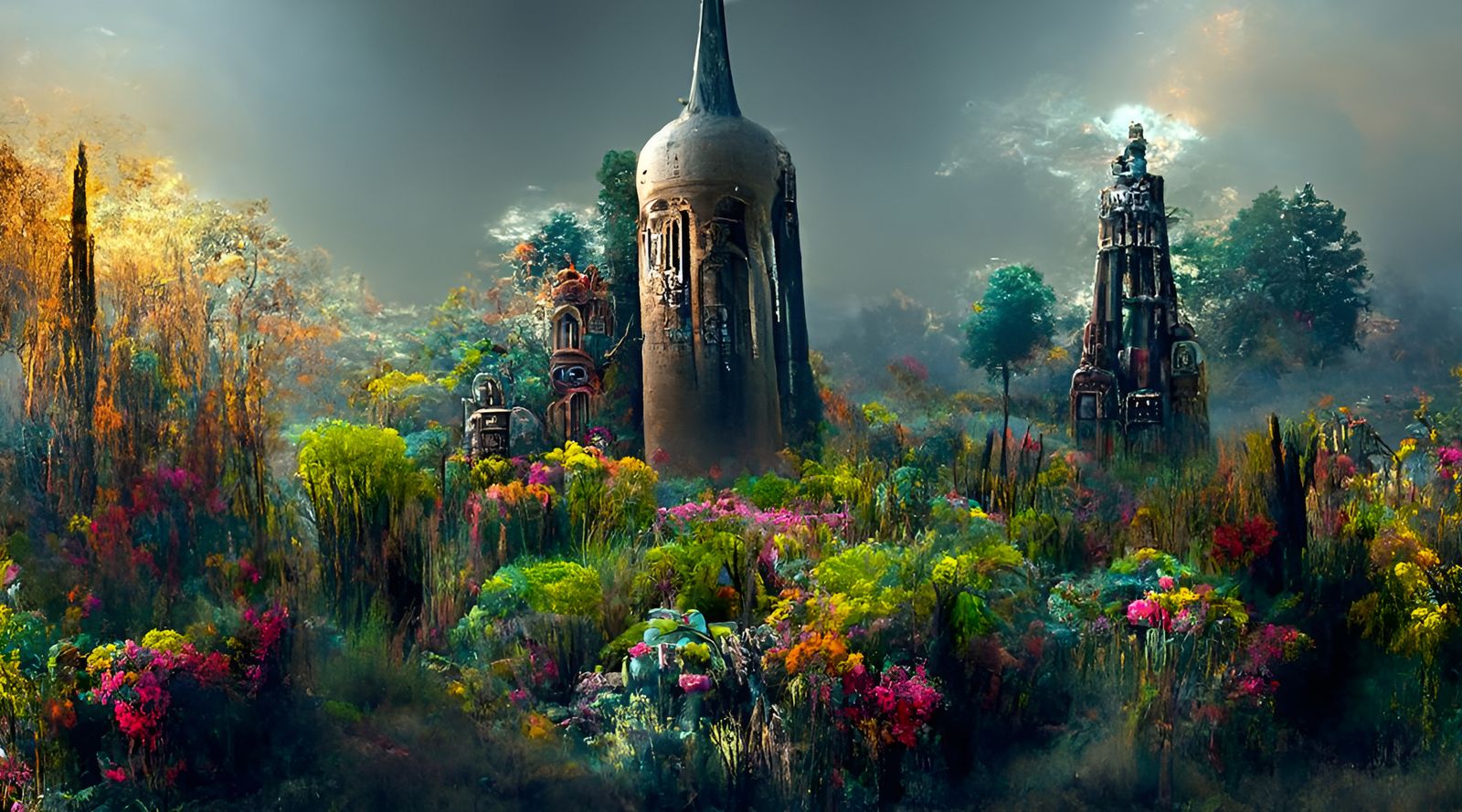 Tower in Lush Garden: Hyperreal Digital Painting