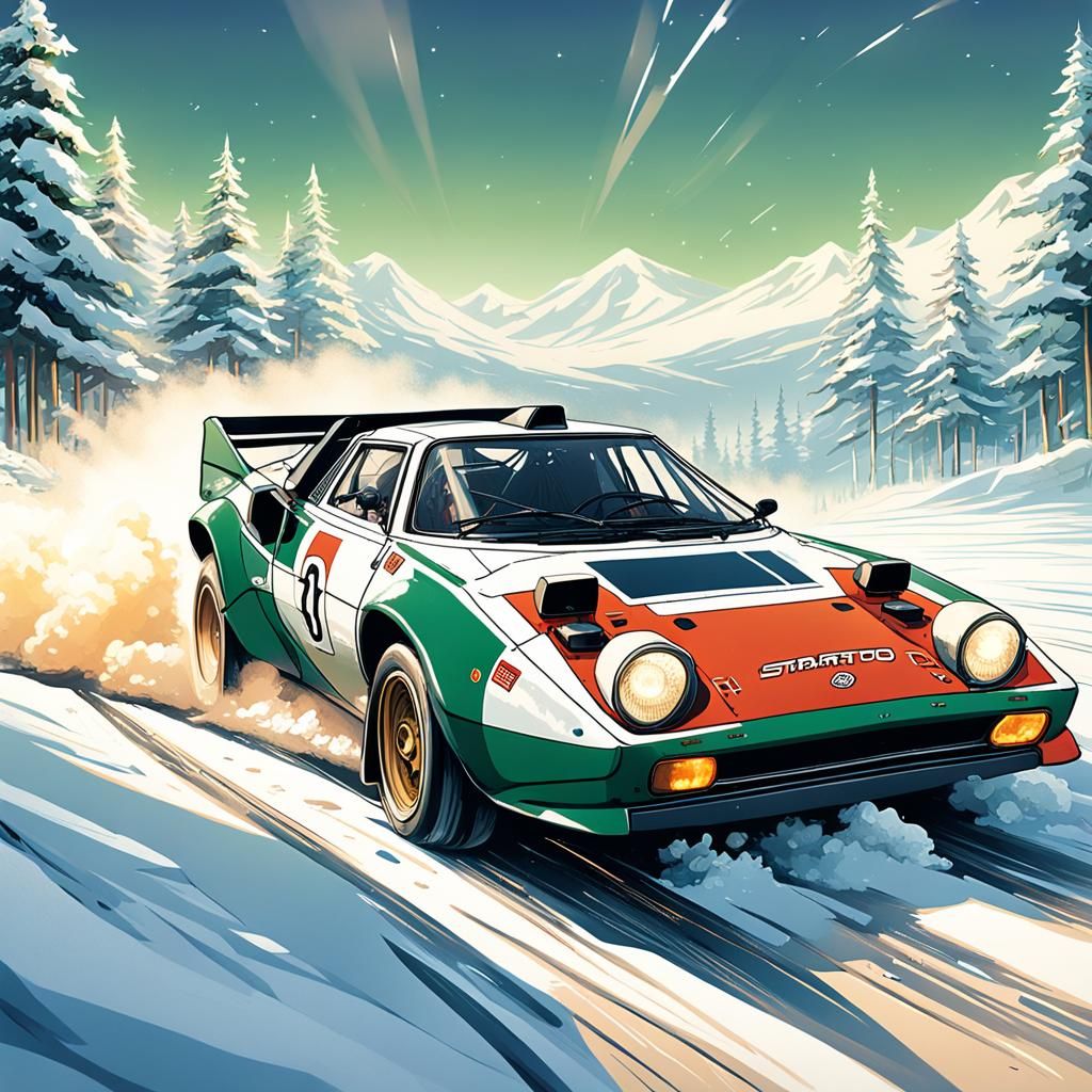 Lancia Stratos Rally Car on Snowy Track in Anime Style