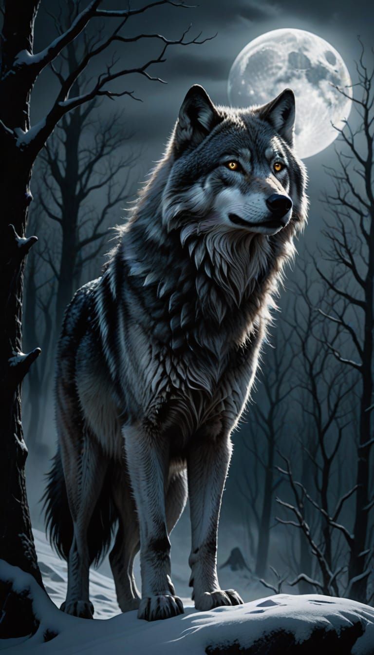 Ethereal Wolf Howls Under Moonlit Snowy Peaks