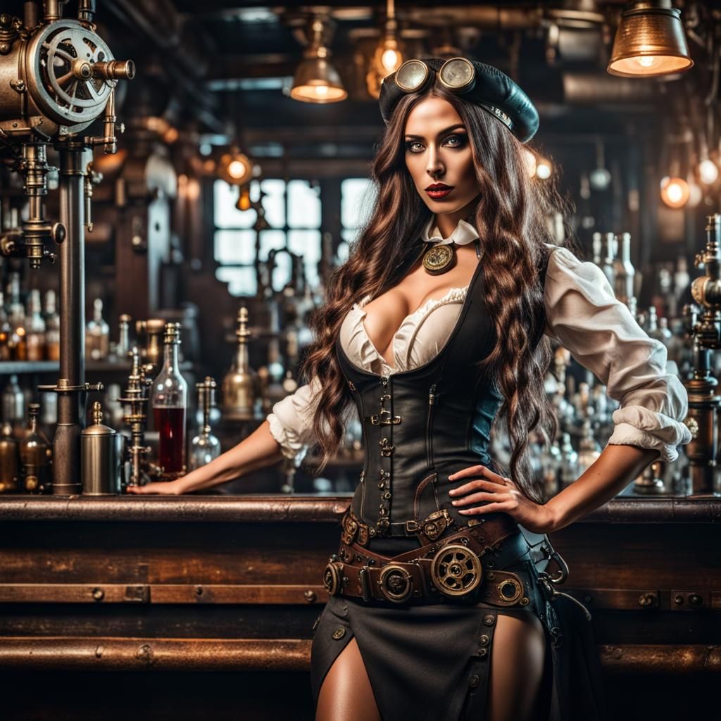 Steampunk Barmaid in Revealing Outfit at the Bar