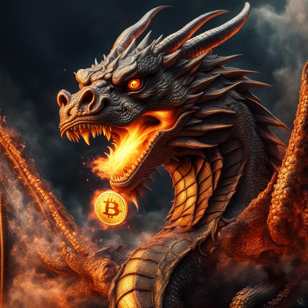 Bitcoin Dragon Blowing Fire in Hyperrealistic Style