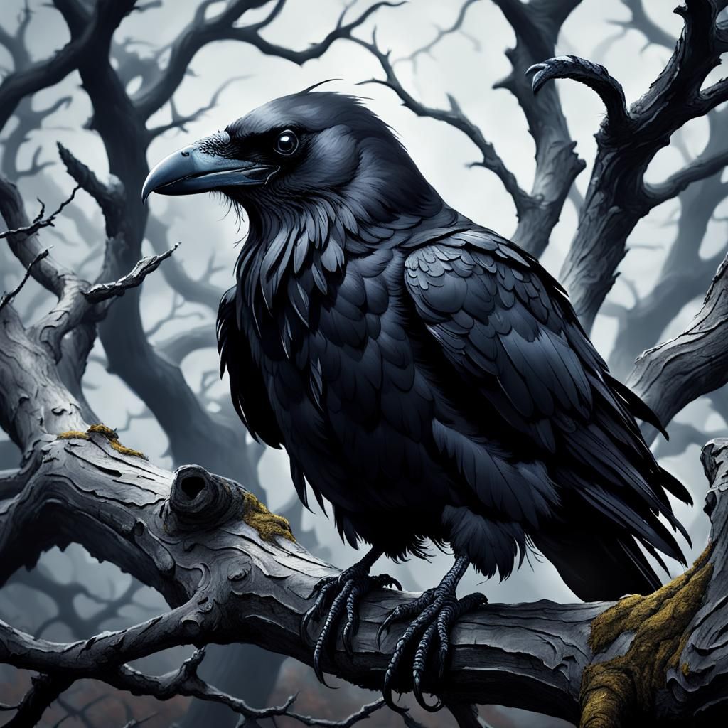 Dramatic Crow with Obsidian Beak on Gnarled Branch