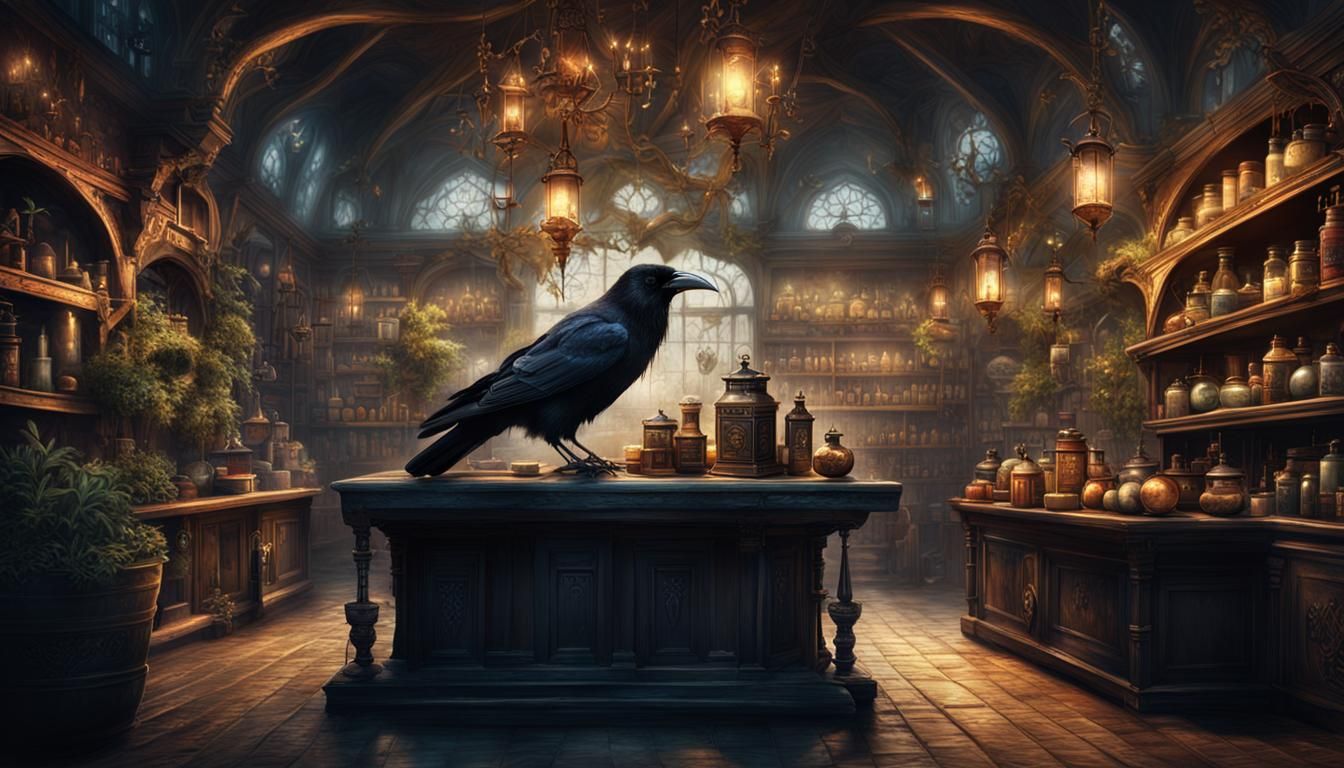 Gothic Alchemy Shop with Raven and Lantern