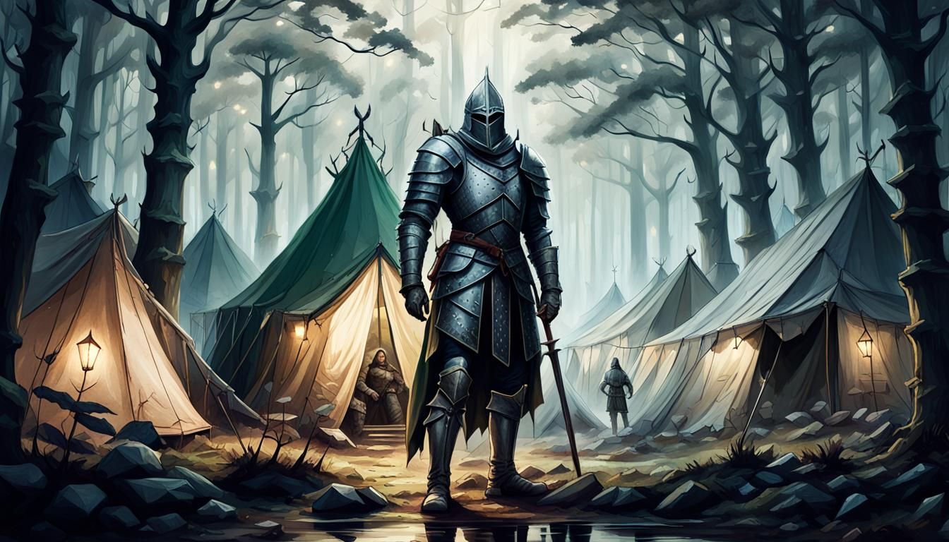 Medieval Knight in Misty Forest: Dark Fantasy Illustration