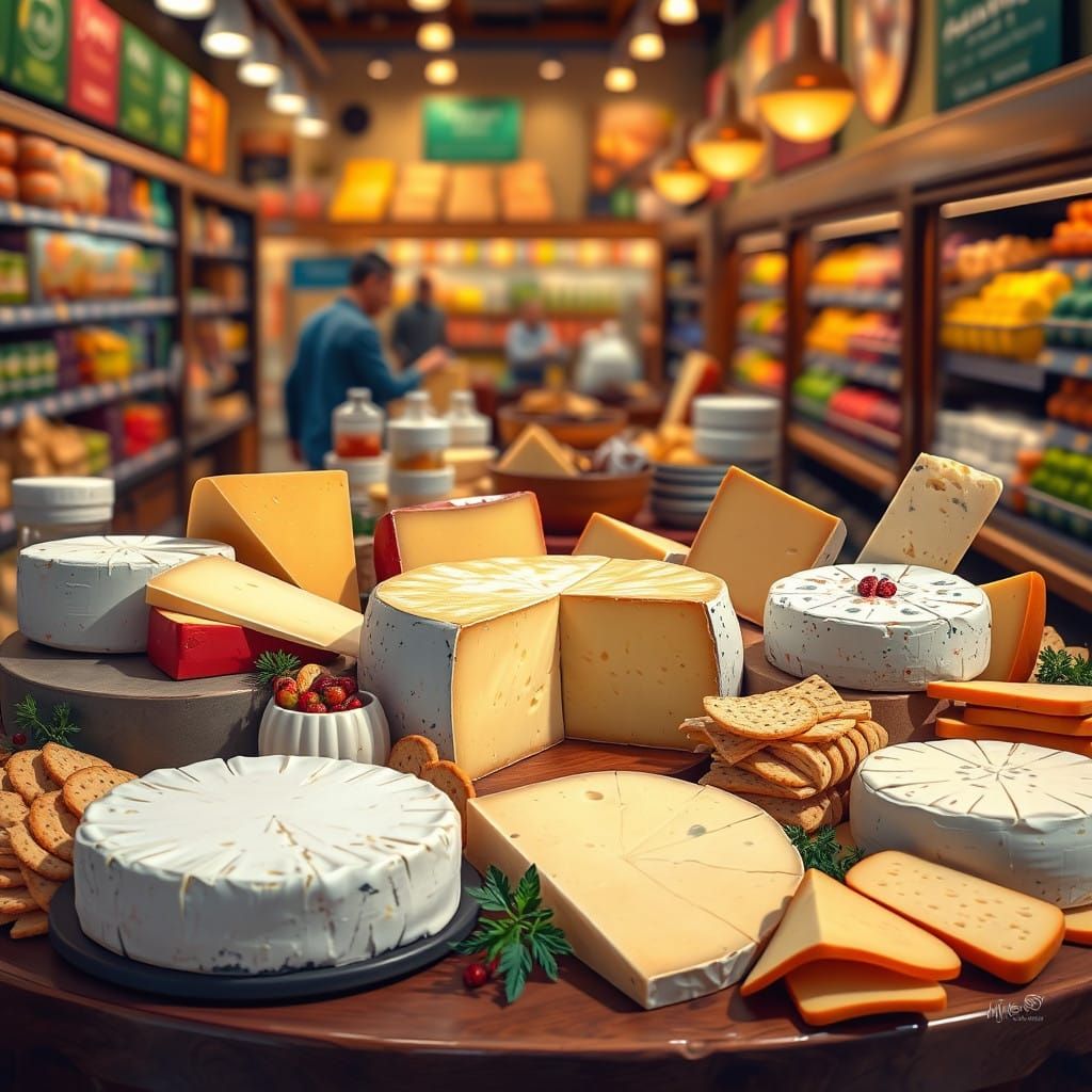 Vibrant Cheese Display in a Bustling Supermarket at Night