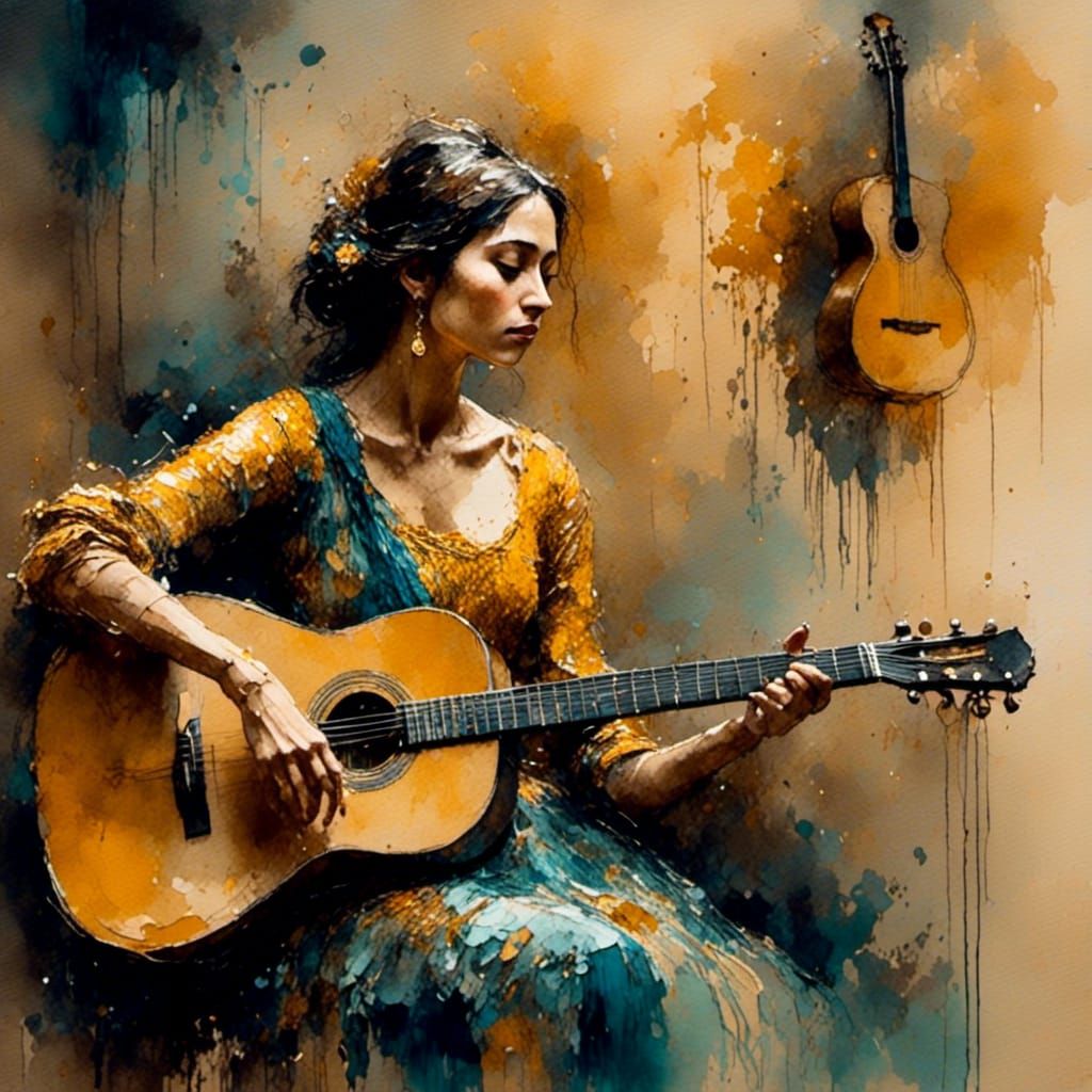 Impressionist Watercolour of Gypsy Woman Playing Guitar