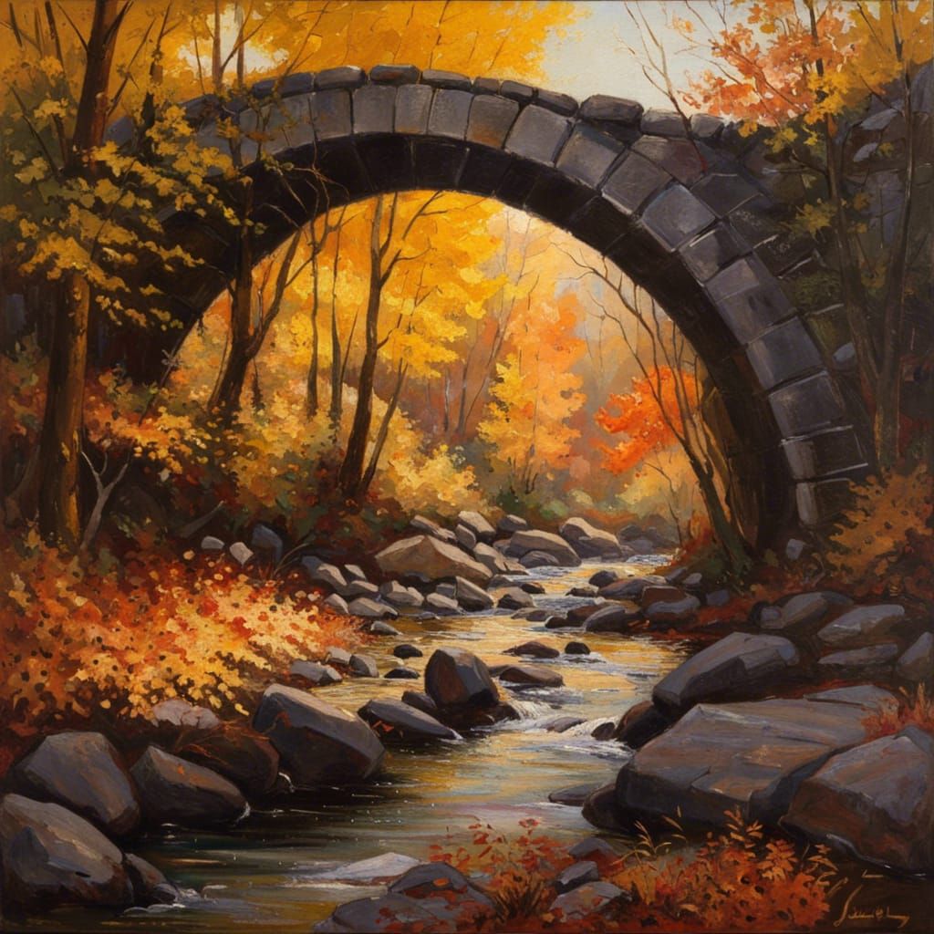 Autumnal Stone Bridge in Forest, Oil Painting Style