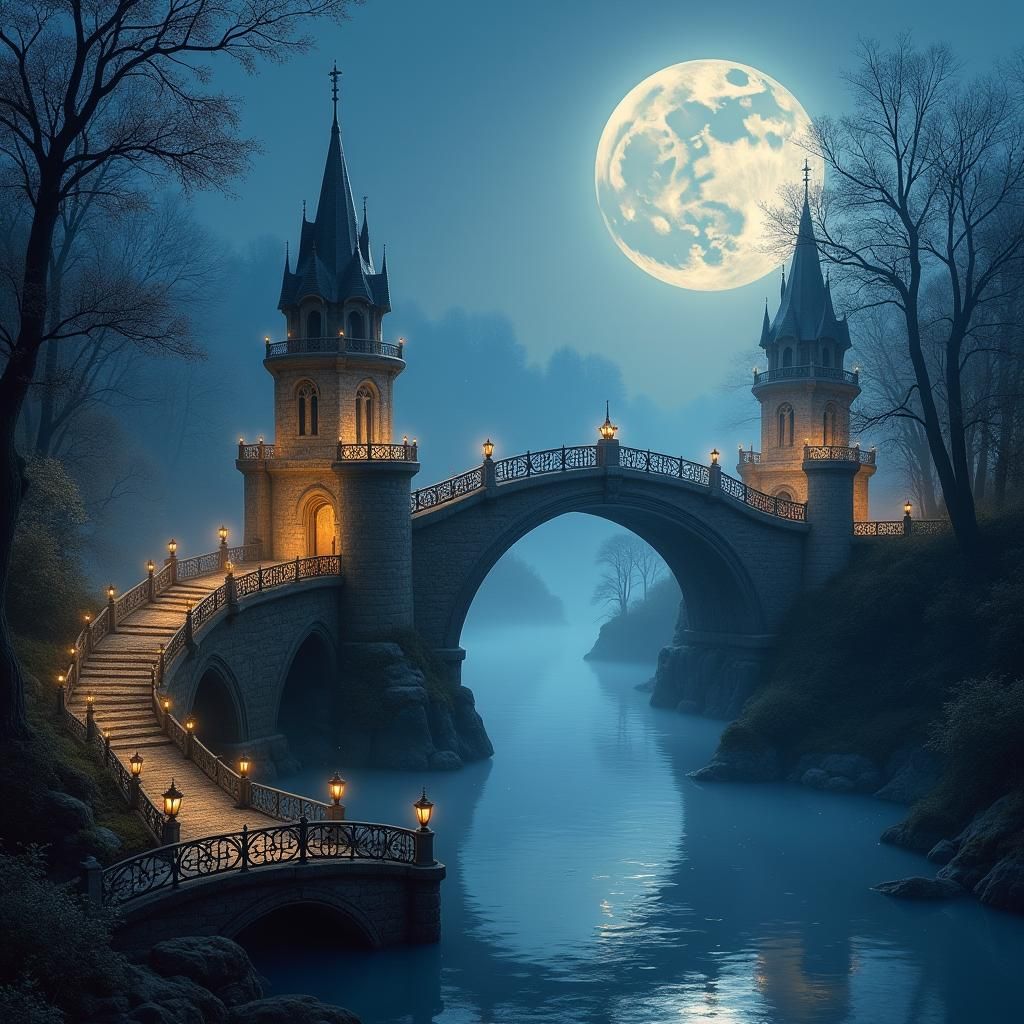 Moonlit Bridge with Ethereal Mist, Romantic Style