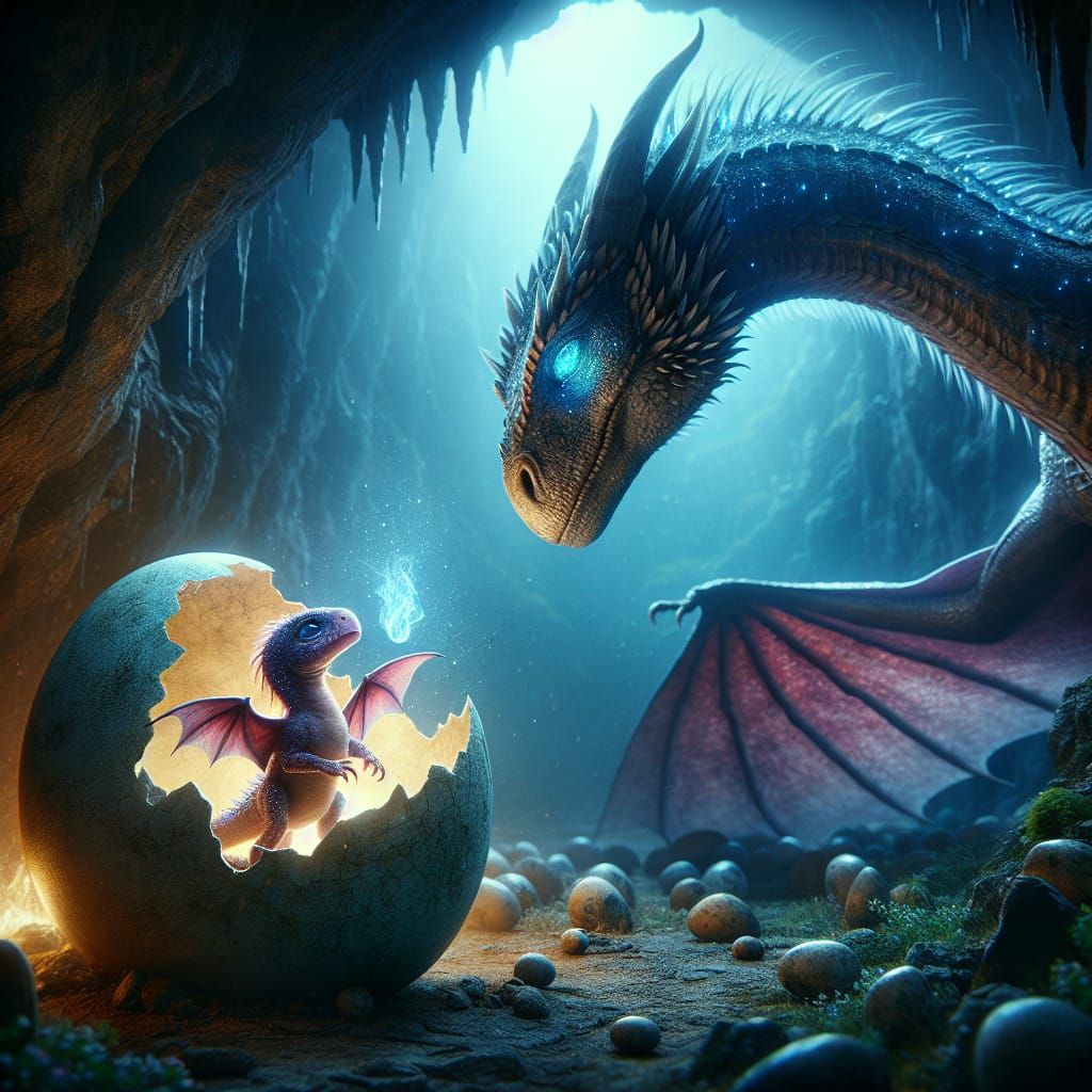 Newborn Dragon Emerges in a Cave