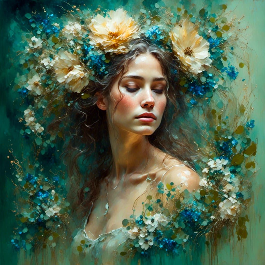 Floral Woman in Impressionist Garden Portrait