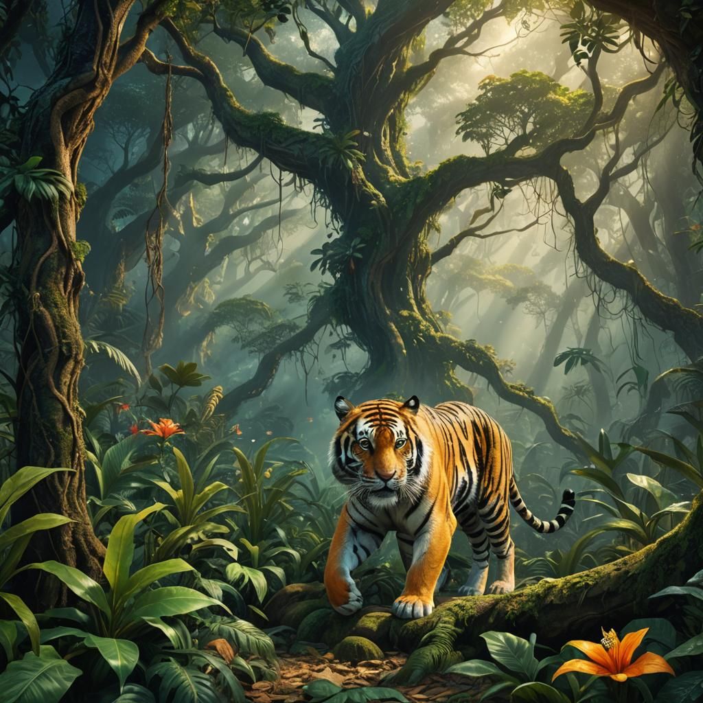 Tiger Walking Through Jungle: Fantasy Matte Painting